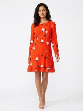 Hugo Boss Floral Midi Dress Tiered Skirt 6 Long Sleeve Lightweight Crew Neck Red